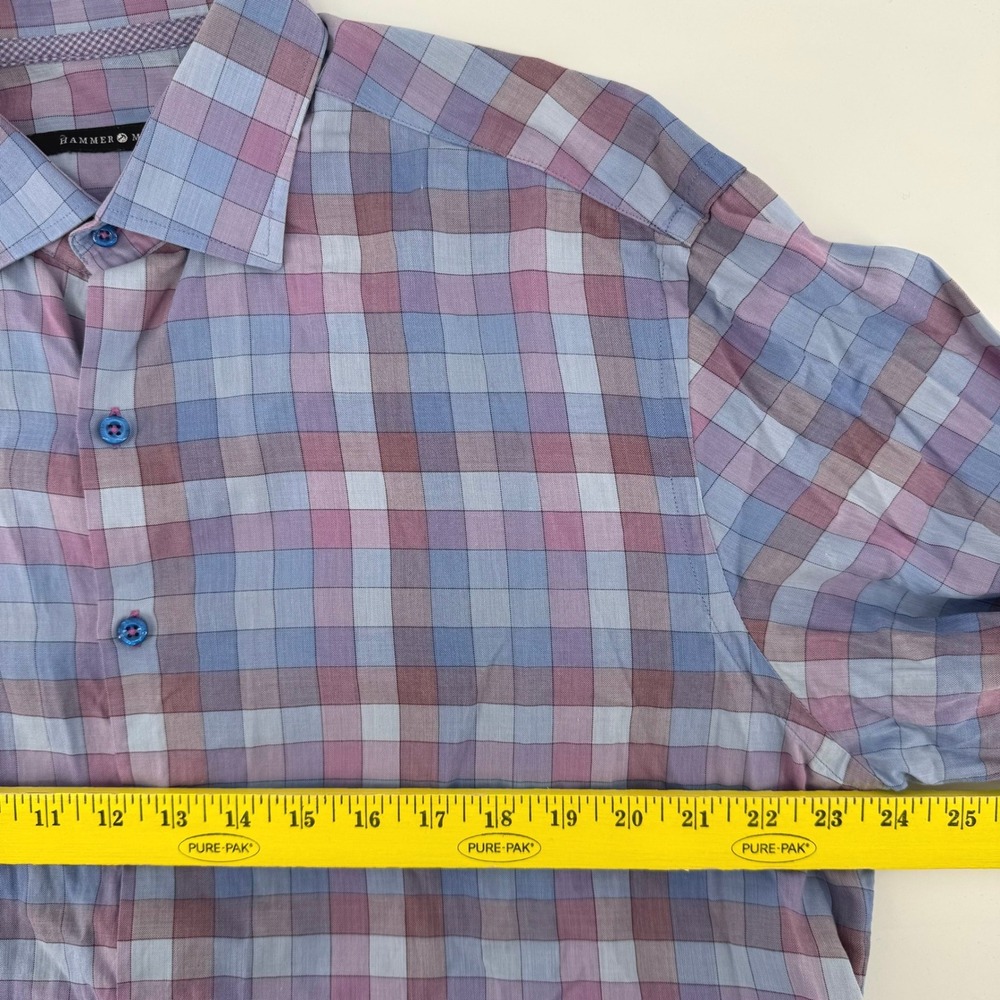 Hammer Made Button Down Shirt 43/17 Large Blue Purple Plaid Long Sleeve Cotton - Picture 5 of 8
